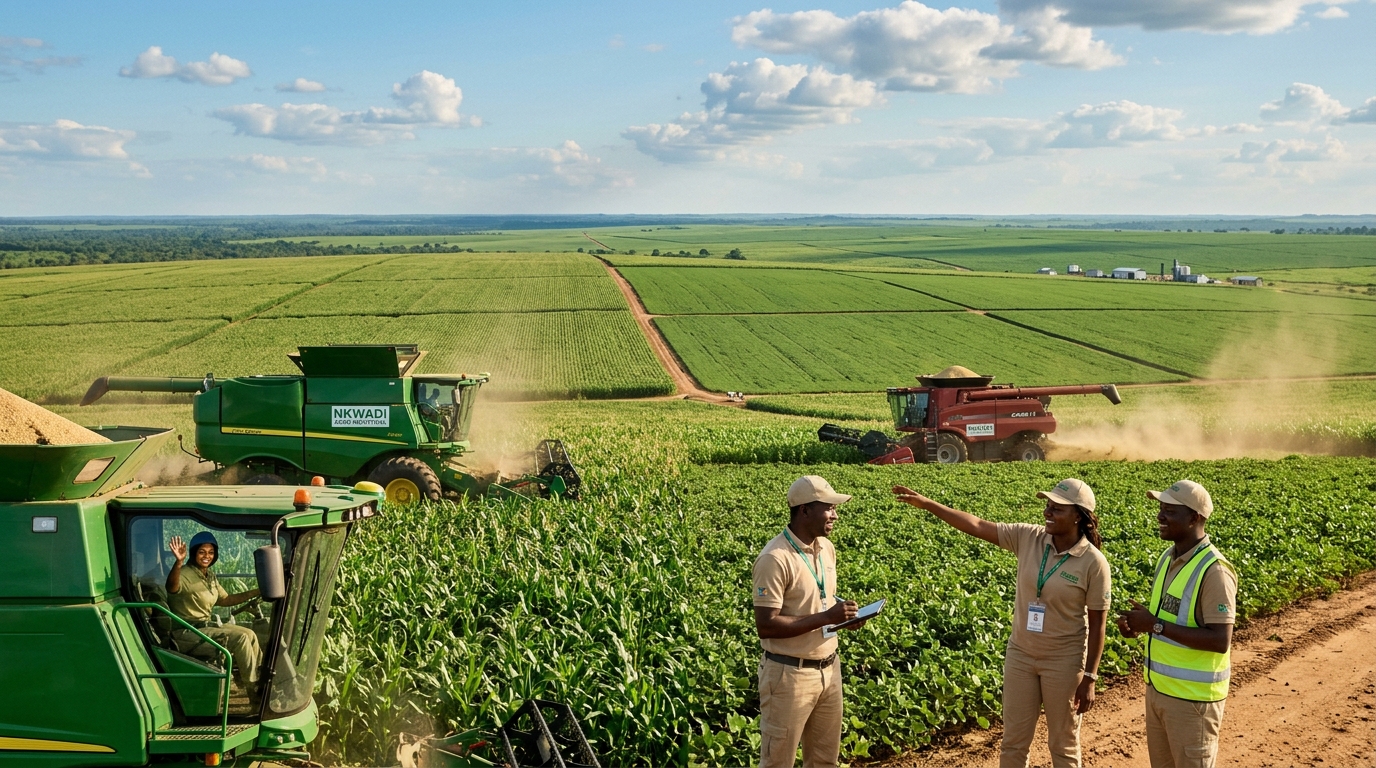 Moissonneuses-batteuses et agronomes sur la base de Nkwadi au Kasaï