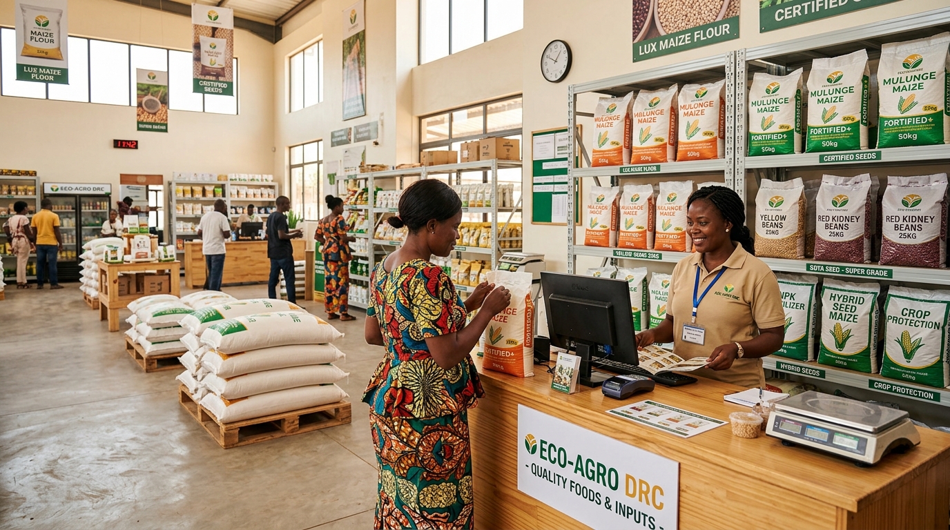 Showroom et comptoir de vente CICOAGRI avec clients et vendeuse congolaise